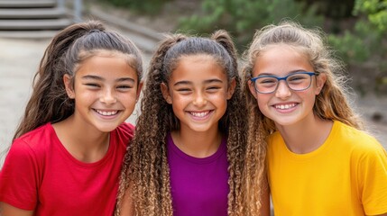 Three smiling teenage girls capture a moment of friendship and joy in an outdoor setting, radiating youthful energy.