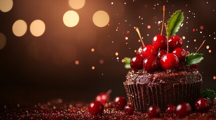 Christmas pudding with bright red cherries isolated on a deep brown background, with festive sparkles