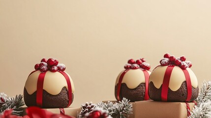 Miniature Christmas puddings in gift boxes isolated on a cream background, with red ribbons and frosted pine