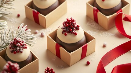 Miniature Christmas puddings in gift boxes isolated on a cream background, with red ribbons and frosted pine