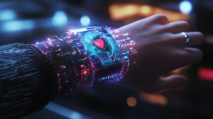 Poster - A hand wearing a high-tech smartwatch showcases a vibrant, glowing holographic interface.