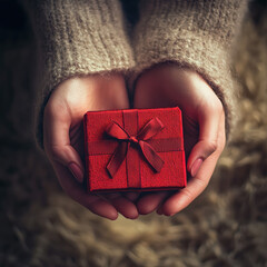 Wall Mural - a lady  hands holding a small red gift box with red ribbon on the red gift box on her body background