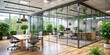 © LA Stock Vision - Modern Office Oasis Tranquil Meeting Space with Natural Elements, Glass Partitions, and Lush Views, Ideal for Architectural Design Firms and Interior Blogs