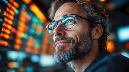 A businessman analyzing complex data on multiple digital screens, representing business analysis, financial data, and technology