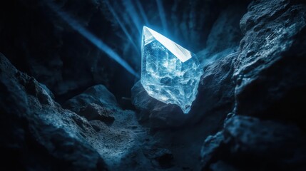 Wall Mural - a clear crystal illuminated by light, resting on rocky terrain in a dark cave.