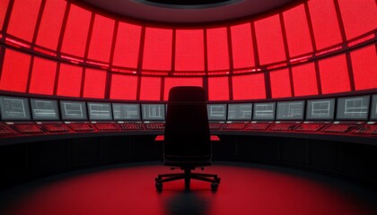 A single chair sits in the center of a futuristic control room with a red screen wall.