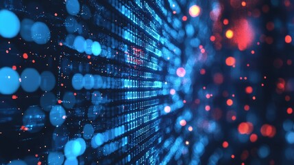 Binary code and digital lights in blue and red futuristic background
