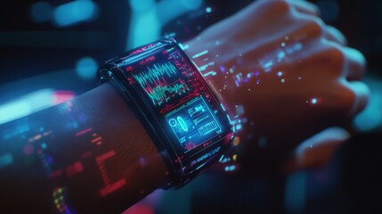 Leinwandbilder - A wrist device projects colorful holograms showing various data analytics, set against an advanced technological backdrop in a dimly lit space. The scene evokes a sense of innovation and progress.