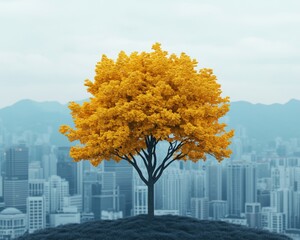 A single yellow tree stands tall amidst a cityscape, symbolizing hope and resilience in an urban environment.