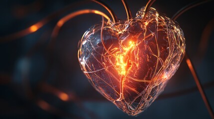 Fototapete - This captivating heart, crafted from clear glass, emits a warm glow while electric energy flows through it. The surrounding darkness enhances the vibrant light, creating a striking visual impact.