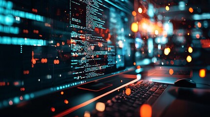 Computer screen with glowing code in a dark room