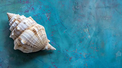 Wall Mural - This is a photograph of a seashell on a blue background. The shell is a large, spiral-shaped gastropod with a white and brown striped pattern.