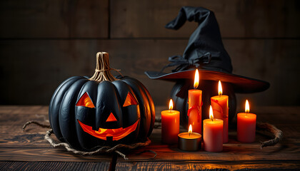 Black pumpkin with witch hat and bloody candles burning on textured brown wood .Black magic ritual or scary halloween rite. DIY Halloween decor.Halloween holiday concept isolated with white highligh