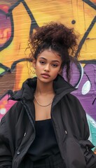 A young model in urban streetwear posing in front of a graffiti wall