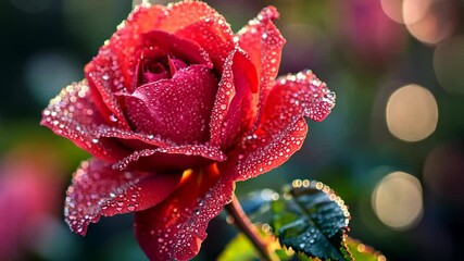Wall Mural - A red rose covered in morning dew stands out against a blurred background