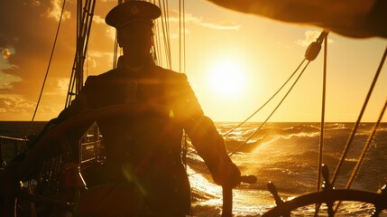 A man skillfully navigates a boat across the ocean during sunset