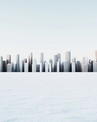 A snowy field with a cityscape in the background.