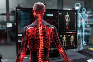 A human skeleton is standing in front of a computer monitor display