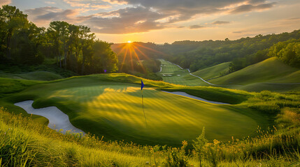 Wall Mural - a picturesque golf course at sunset, featuring a smooth green putting surface with a flag gently waving in the breeze.