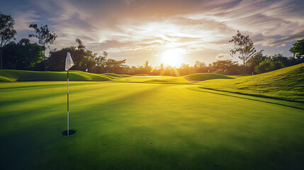 Wall Mural - a picturesque golf course at sunset, featuring a smooth green putting surface with a flag gently waving in the breeze.