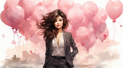 Confident woman in a suit surrounded by pink balloons, exuding elegance and empowerment.