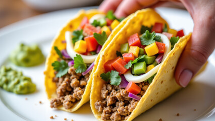 Two tacos filled with meat, vegetables, and salsa on a white plate.