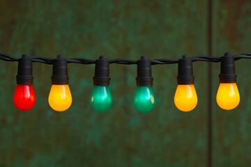 A string of colorful light bulbs with red, yellow, and green bulbs hanging against a weathered green background.