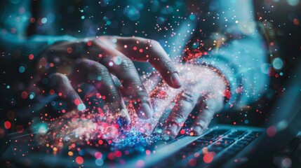 Hands typing on laptop with colorful digital particles