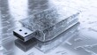 © AGUNG - Transparent USB flash drive with visible internal circuitry on a metallic background.