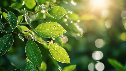 Wall Mural - Green leaves with dew drops glisten in the morning sunlight