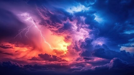 Dramatic stormy sky with lightning bolts illuminating the dark clouds.