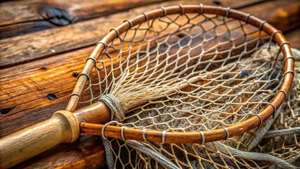 Macro fishing net with wooden handle and worn mesh