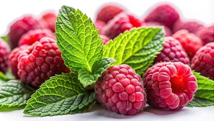 Wall Mural - Macro photo of raspberries and mint leaves on a white background