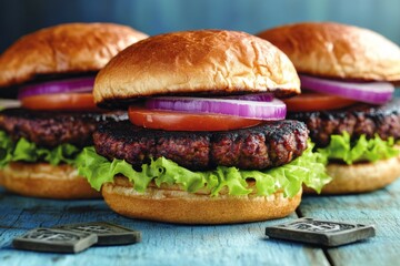 Sticker - Delicious homemade burgers with lettuce and onion on a rustic wooden surface