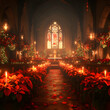 © Mila Frolova - A beautifully decorated church with poinsettias, candles, and festive lights for a Christmas Eve service