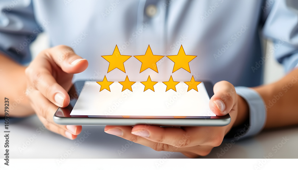 Customer review good rating concept. Excellent. Person using tablet ...