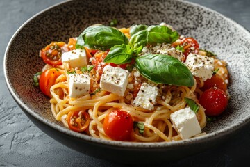 Wall Mural - Delicious pasta dish featuring fresh tomatoes, basil, and feta cheese in a bowl