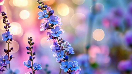 Wall Mural - Delicate blue flowers bloom against a soft, blurred background of pink and yellow