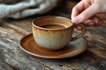 Sticker - Hand reaching for a rustic cup of warm coffee on a wooden table during a cozy afternoon