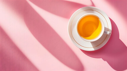 Wall Mural - Top view of a cup of tea on a pink background with shadows from a window.