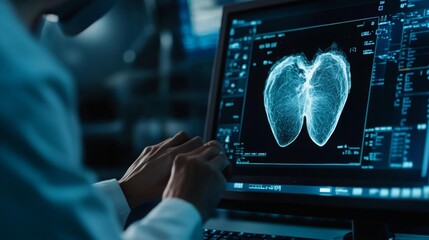 Fototapete - A medical professional is focused on a detailed lung scan displayed on a computer monitor. The atmosphere is clinical, with advanced technology surrounding them in a hospital environment.