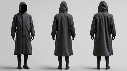 Dark Hooded Raincoat Model in Three Views