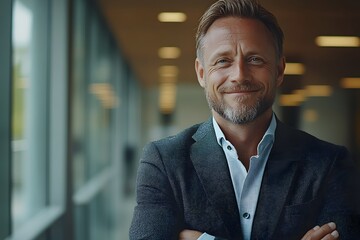 A middle-aged man in a suit standing with his arms crossed and smiling confidently. This is an image of organization leader who has experience and confidence in managing the organization to progress.