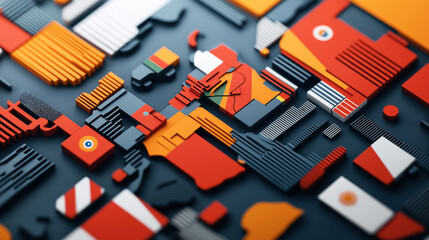 Wall Mural - abstract 3d geometric composition with colorful blocks and patterns on a dark surface, featuring red