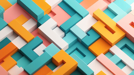 Wall Mural - abstract geometric pattern with stacked rectangular blocks in teal, orange, and pink hues, creating 