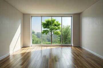 Minimalist interior with medium shot background featuring natural window light and wooden floor, with a tree in the corner