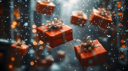 Festive red gift boxes with glittering ribbons in snowfall