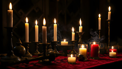 Witchcraft altar selective focus to details of candles light and magic tools or items.  Halloween and occult black magic ritual. Magic practice symbolism. Ritual scene in dark frightening atmosphere