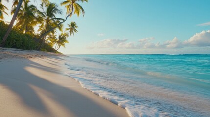 Poster - Tropical beach with palm trees and gentle waves under a clear blue sky, AI