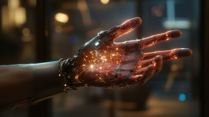 Aufkleber - A metallic hand with intricate wiring is illuminated by a stream of bright, orange sparks. The hand is posed with fingers extended, as if reaching out to touch something.
